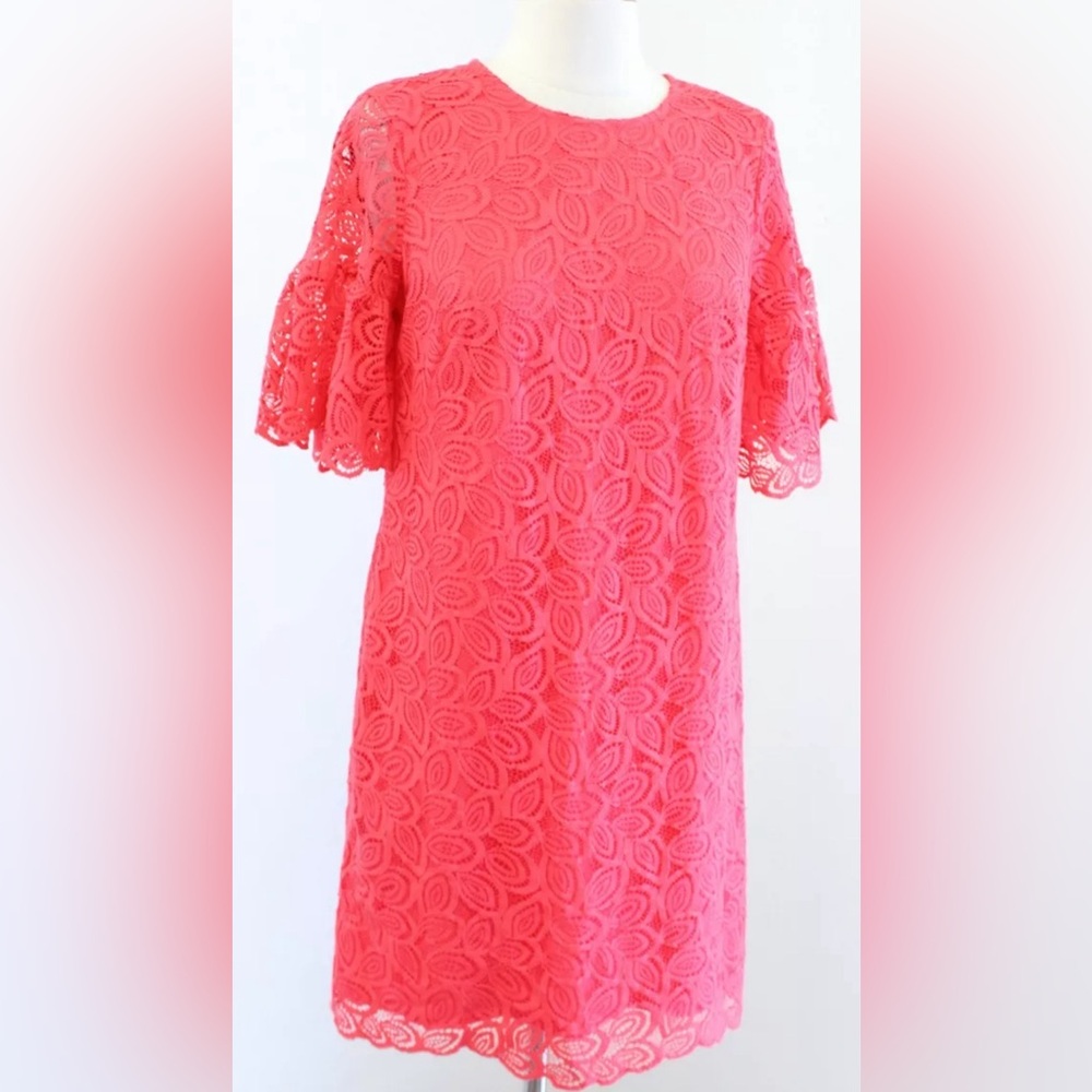 Ann Taylor Womens Deep Coral Leaf Floral Lace Flare Sleeve Shift Dress Size 00p